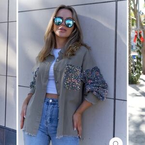 ChicMe Green Button Down Sequin Sleeves Size Large